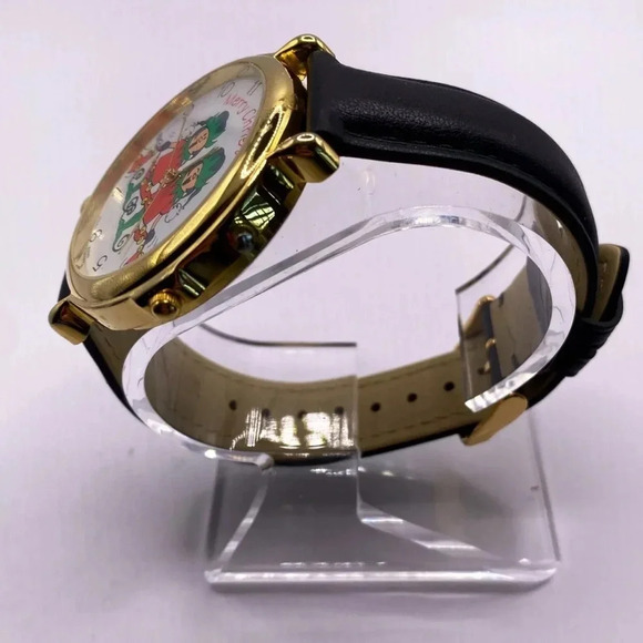 Vintage Christmas Watch Gold Tone Genuine Leather Band Holiday Elves New Battery - Picture 2 of 10